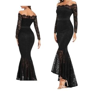 LALAGEN - XXL Floral Lace Long Sleeve Off Shoulder Mermaid Dress Black
